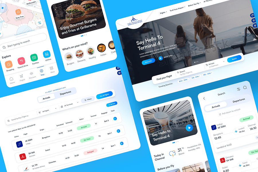 High-fidelity UI screens for the Chennai International Airport website and app